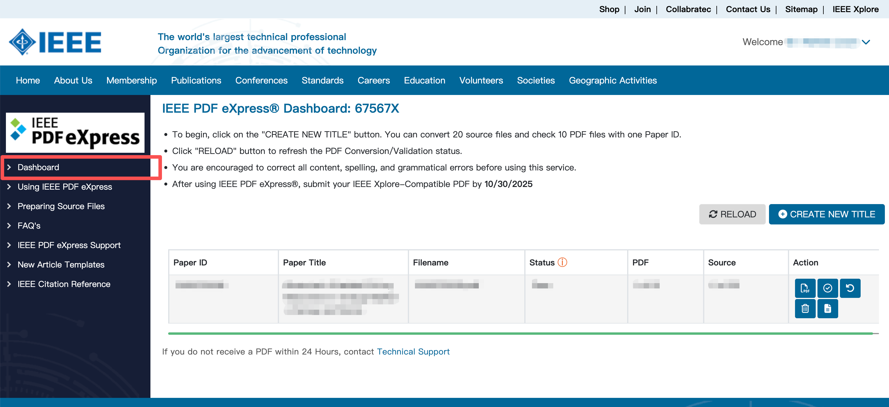 IEEE PDF eXpress Dashboard